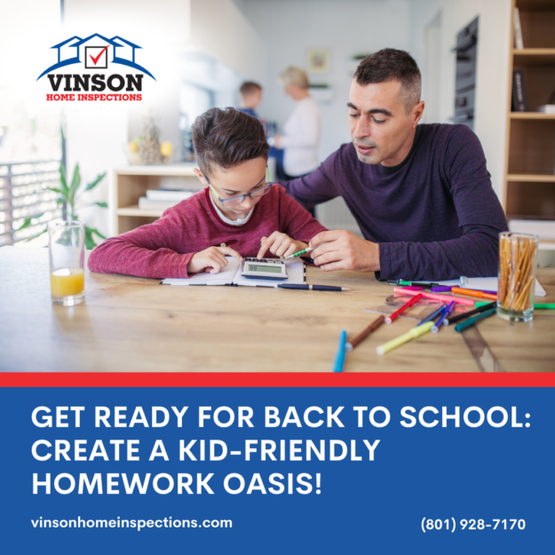 Vinson Home Inspections Get Ready for Back to School_ Create a Kid-Friendly Homework Oasis! Father helping his son with homework at a table filled with school supplies