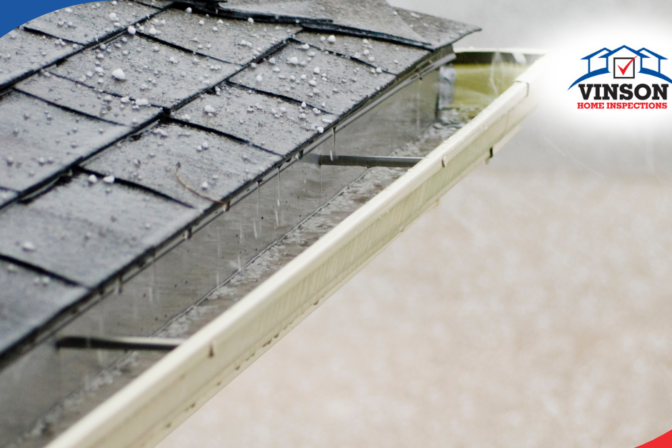 Vinson Home Inspections Hailstones on asphalt shingle roof with water runoff into gutters, potential damage risk