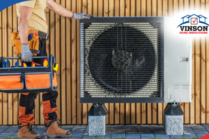 Vinson Home Inspections HVAC technician standing next to an outdoor unit with a tool bag in hand.