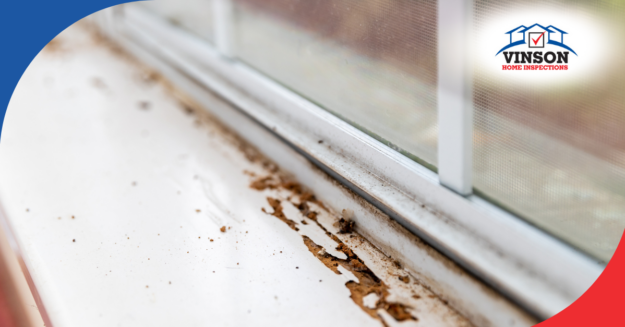 Vinson Home Inspections Termite damage and debris along interior window sill.