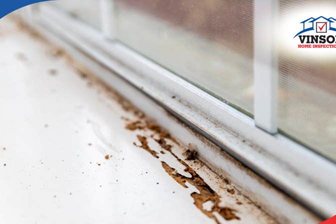 Vinson Home Inspections Termite damage and debris along interior window sill.