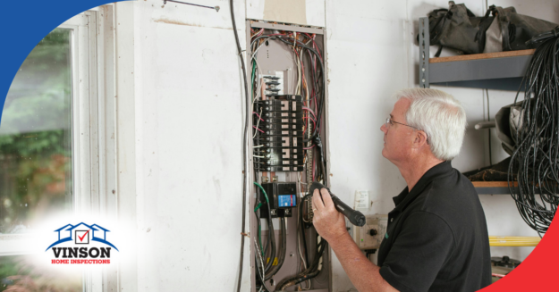Vinson Home Inspections Home inspector performing an electrical panel inspection at a property
