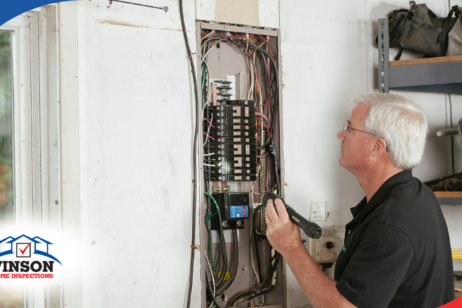 Vinson Home Inspections Home inspector performing an electrical panel inspection at a property