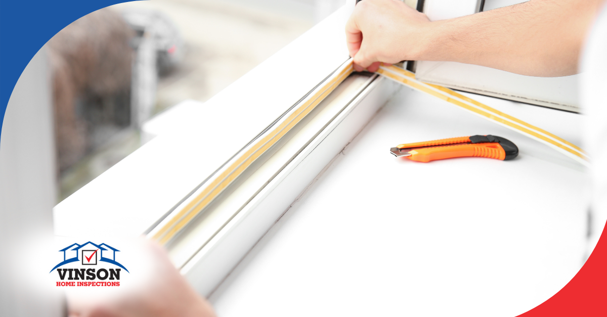 Hands installing weatherstripping on a window frame.